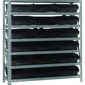 The Quantum Shelving Unit, measuring 18D x 36L x 39H, incorporates seven shelves and supports up to 400 lbs. per shelf. This heavy-duty unit, ideal for industrial or garage settings, includes galvanized steel uprights and cross bars with (18) Qsb110 black bins for optimized storage.