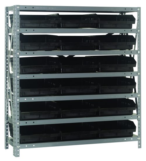 1839-110_BK.jpg The Quantum Shelving Unit, measuring 18D x 36L x 39H, incorporates seven shelves and supports up to 400 lbs. per shelf. This heavy-duty unit, ideal for industrial or garage settings, includes galvanized steel uprights and cross bars with (18) Qsb110 black bins for optimized storage.