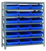 The Quantum Shelving Unit, measuring 18D x 36L x 39H, supports 400 lbs per shelf and includes seven shelves with eighteen blue (QSB110) bins (17-7/8L x 11-1/8W x 4H). The galvanized steel finish ensures durability while the perforated shelves allow optimal adjustability.