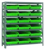 The Quantum Shelving Unit measures 18D x 36L x 39H with a load capacity of 400 lb. per shelf and includes seven shelves. It features 18 bright green QSB110 bins, each measuring 17-7/8L x 11-1/8W x 4H, neatly arranged for efficient storage and easy access in a galvanized steel finish.