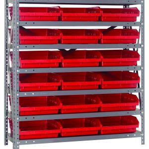 The Quantum Shelving Unit, 18D x 36L x 39H, features seven adjustable levels and holds eighteen QSB110 red and black bins. Made of galvanized steel, it offers a heavy-duty load capacity of 400 lbs per shelf for organized storage with uprights and crossbars.