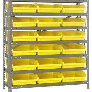 The Quantum Shelving Unit features seven adjustable shelves, each supporting 400 lbs. and equipped with 18 uniform yellow Qsb110 bins. It has a galvanized steel finish and stands against a plain white background, measuring 18D x 36L x 39H with perforated uprights and cross bars.