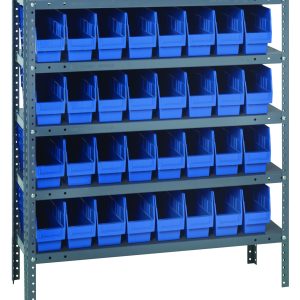 The Quantum Shelving Unit in galvanized steel, measuring 18D x 36L x 39H, has five heavy-duty shelves that can hold 400 lbs each. It includes 32 blue Qsb203 bins (17-7/8L x 4-1/8W x 6H) for organizing small items with top access.