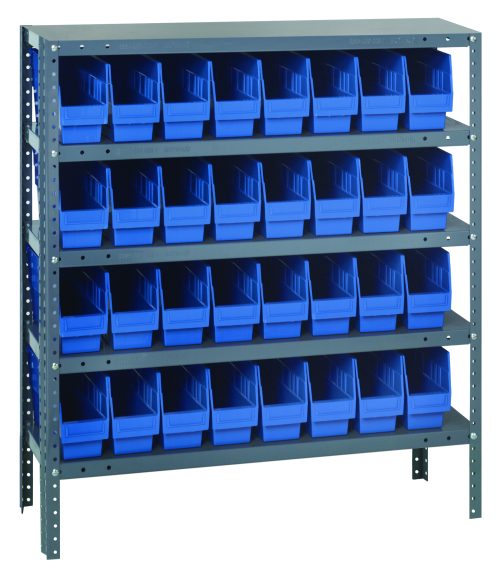 1839-203_BL.jpg The Quantum Shelving Unit in galvanized steel, measuring 18D x 36L x 39H, has five heavy-duty shelves that can hold 400 lbs each. It includes 32 blue Qsb203 bins (17-7/8L x 4-1/8W x 6H) for organizing small items with top access.