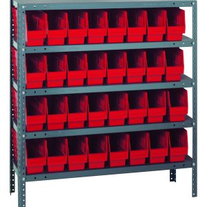 The Quantum Shelving Unit measures 18D x 36L x 39H, featuring five shelves with a 400 lb. load capacity each. It includes 32 stackable red bins (QSB203) and comes with uprights and cross bars in a sleek galvanized steel finish for organized storage.