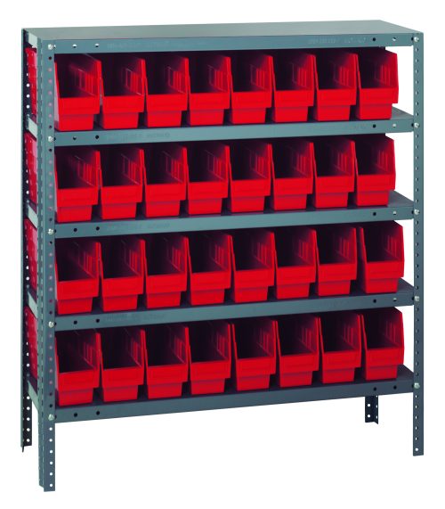 The Quantum Shelving Unit measures 18D x 36L x 39H, featuring five shelves with a 400 lb. load capacity each. It includes 32 stackable red bins (QSB203) and comes with uprights and cross bars in a sleek galvanized steel finish for organized storage.