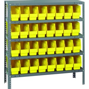 The Quantum Shelving Unit (18D x 36L x 39H) features five heavy-duty shelves, each with a 400 lb. load capacity, and comes with 32 bright yellow QSB203 bins (17-7/8L x 4-1/8W x 6H), creating an organized appearance with its galvanized steel finish, uprights, and crossbars.