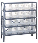 The Quantum Shelving Unit is a heavy-duty metal shelf measuring 18D x 36L x 39H, featuring five adjustable tiers with 20 clear black bins angled for easy access. The galvanized steel frame ensures durability with visible perforations, supporting a 400 lb. load capacity per shelf.