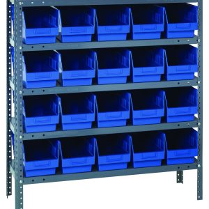The Quantum Shelving Unit (18D x 36L x 39H) features a sturdy galvanized steel design with a 400 lb. load capacity per shelf, includes five shelves with adjustable brackets, and comes with twenty open-top QSB204 blue bins for easy access and customization to fit your storage needs.