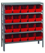 The Quantum Shelving Unit measures 18D x 36L x 39H with a sturdy galvanized steel frame, featuring five shelves each supporting up to 400 lbs. It includes a total of twenty 17-7/8L x 6-5/8W x 6H red black bins, arranged evenly across the shelving for versatile storage solutions.