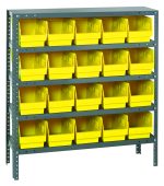 The Quantum heavy-duty shelving unit (18D x 36L x 39H) features galvanized steel, a 400 lb. load capacity per shelf, 5 shelves, and includes 20 yellow and black QSB204 bins (17-7/8L x 6-5/8W x 6H), ideal for organizing tools or small parts.