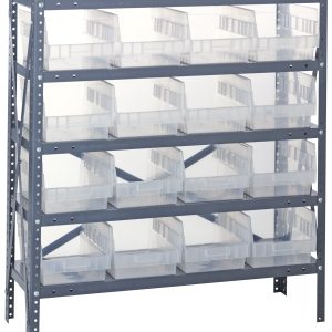 The Quantum Shelving Unit is a heavy-duty galvanized steel shelving system measuring 18D x 36L x 39H. It features five shelves with a 400 lb. load capacity each and includes sixteen clear black bins measuring 17-7/8L x 8-3/8W x 6H, ideal for organized storage with easy front access.