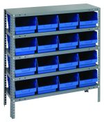 The Quantum Shelving Unit measures 18D x 36L x 39H and features five shelves with (16) 17-7/8L x 8-3/8W x 6H (QSB208) blue black bins, made of galvanized steel for durability. Each shelf supports up to 400 lbs, making it a sturdy, organized storage solution.