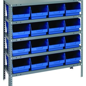 The Quantum Shelving Unit measures 18D x 36L x 39H and features five shelves with (16) 17-7/8L x 8-3/8W x 6H (QSB208) blue black bins, made of galvanized steel for durability. Each shelf supports up to 400 lbs, making it a sturdy, organized storage solution.