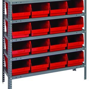 The Quantum Shelving Unit, 18D x 36L x 39H, has a heavy-duty galvanized steel finish with five shelves supporting up to 400 lbs each. It includes 16 red-black bins (17-7/8L x 8-3/8W x 6H, QSB208), and features open fronts for easy access, ideal for organizing small items.