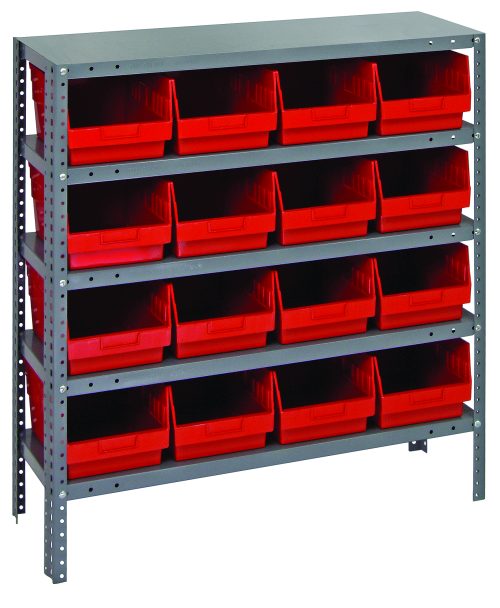 1839-208_RD.jpg The Quantum Shelving Unit, 18D x 36L x 39H, has a heavy-duty galvanized steel finish with five shelves supporting up to 400 lbs each. It includes 16 red-black bins (17-7/8L x 8-3/8W x 6H, QSB208), and features open fronts for easy access, ideal for organizing small items.