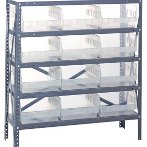 The Quantum Shelving Unit measures 18D x 36L x 39H and holds up to 400 lbs per shelf. It includes five shelves and twelve clear black QSB210 bins (17-7/8L x 11-1/8W x 6H), supported by galvanized steel uprights and crossbars for durability and organization.