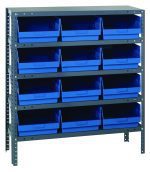 The Quantum Shelving Unit features five heavy-duty shelves, each supporting 400 lbs. It comes with twelve 17-7/8L x 11-1/8W x 6H blue plastic bins that are open at the front, ideal for organizing items. Overall dimensions are 18D x 36L x 39H with a galvanized steel finish.