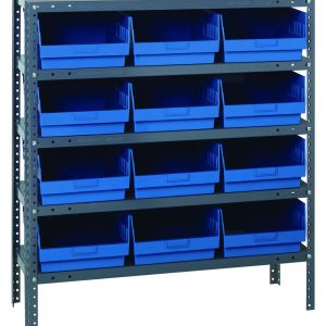 The Quantum Shelving Unit features five heavy-duty shelves, each supporting 400 lbs. It comes with twelve 17-7/8L x 11-1/8W x 6H blue plastic bins that are open at the front, ideal for organizing items. Overall dimensions are 18D x 36L x 39H with a galvanized steel finish.