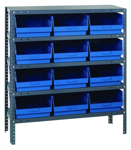 The Quantum Shelving Unit features five heavy-duty shelves, each supporting 400 lbs. It comes with twelve 17-7/8L x 11-1/8W x 6H blue plastic bins that are open at the front, ideal for organizing items. Overall dimensions are 18D x 36L x 39H with a galvanized steel finish.