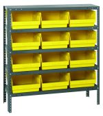 The Quantum Shelving Unit measures 18D x 36L x 39H and includes five shelves, each with a 400 lb load capacity. It comes with twelve yellow Qsb210 bins (17-7/8L x 11-1/8W x 6H) for easy access, adjustable metal uprights and cross bars, and features a galvanized steel finish.