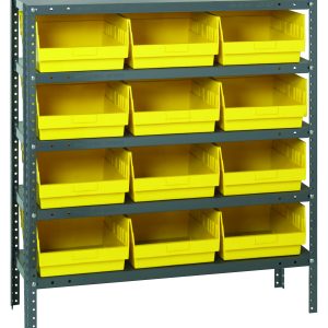 The Quantum Shelving Unit measures 18D x 36L x 39H and includes five shelves, each with a 400 lb load capacity. It comes with twelve yellow Qsb210 bins (17-7/8L x 11-1/8W x 6H) for easy access, adjustable metal uprights and cross bars, and features a galvanized steel finish.