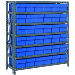 The Quantum Shelving Unit, a heavy-duty galvanized steel structure (18D x 36L x 39H), boasts a 400 lb. load capacity per shelf, organized with seven shelves holding thirty-six blue QED602 bins, all highlighted against a plain white background in a minimalist design.