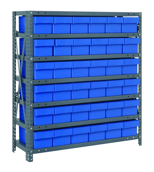 The Quantum Shelving Unit, a heavy-duty galvanized steel structure (18D x 36L x 39H), boasts a 400 lb. load capacity per shelf, organized with seven shelves holding thirty-six blue QED602 bins, all highlighted against a plain white background in a minimalist design.