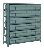 The Quantum Shelving Unit measures 18D x 36L x 39H and offers heavy-duty storage with a 400 lb. load capacity per shelf. It includes seven shelves and thirty-six 17-7/8L x 5-9/16W x 4-5/8H (QED602) gray black bins, along with uprights and cross bars in a galvanized steel finish.