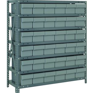 The Quantum Shelving Unit measures 18D x 36L x 39H and offers heavy-duty storage with a 400 lb. load capacity per shelf. It includes seven shelves and thirty-six 17-7/8L x 5-9/16W x 4-5/8H (QED602) gray black bins, along with uprights and cross bars in a galvanized steel finish.