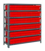 The Quantum Shelving Unit, 18D x 36L x 39H, features a sleek galvanized steel finish with seven shelves, each supporting up to 400 lbs. It includes vibrant (Qed602) red-black bins arranged against its sophisticated gray background.