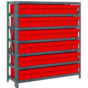 The Quantum Shelving Unit, 18D x 36L x 39H, features a sleek galvanized steel finish with seven shelves, each supporting up to 400 lbs. It includes vibrant (Qed602) red-black bins arranged against its sophisticated gray background.