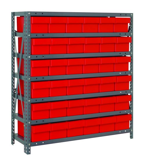 The Quantum Shelving Unit, 18D x 36L x 39H, features a sleek galvanized steel finish with seven shelves, each supporting up to 400 lbs. It includes vibrant (Qed602) red-black bins arranged against its sophisticated gray background.