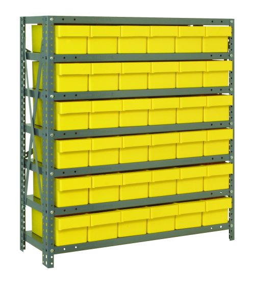 The Quantum Shelving Unit is a heavy-duty, galvanized steel structure measuring 18D x 36L x 39H. It offers a 400 lb. load capacity per shelf and includes seven shelves with perforated supports, each adorned with neatly lined yellow bins for organized storage.