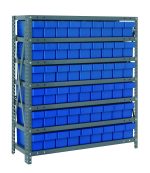 The Quantum Shelving Unit, 18D x 36L x 39H, features a heavy-duty design with a 400 lb. load capacity per shelf. It includes seven shelves and 54 blue bins (17-7/8L x 3-3/4W x 4-5/8H), making it ideal for organizing small items in workshops or industrial settings.