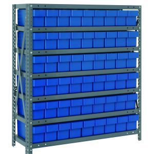 The Quantum Shelving Unit, 18D x 36L x 39H, features a heavy-duty design with a 400 lb. load capacity per shelf. It includes seven shelves and 54 blue bins (17-7/8L x 3-3/4W x 4-5/8H), making it ideal for organizing small items in workshops or industrial settings.