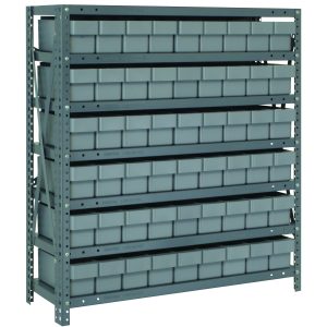 The Quantum Shelving Unit, measuring 18D x 36L x 39H, offers heavy-duty storage with seven shelves and holds 54 gray bins. Each shelf supports up to 400 lbs., featuring uprights and cross bars in a galvanized steel finish for sturdy support.