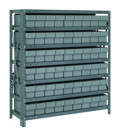 The Quantum Shelving Unit, measuring 18D x 36L x 39H, offers heavy-duty storage with seven shelves and holds 54 gray bins. Each shelf supports up to 400 lbs., featuring uprights and cross bars in a galvanized steel finish for sturdy support.