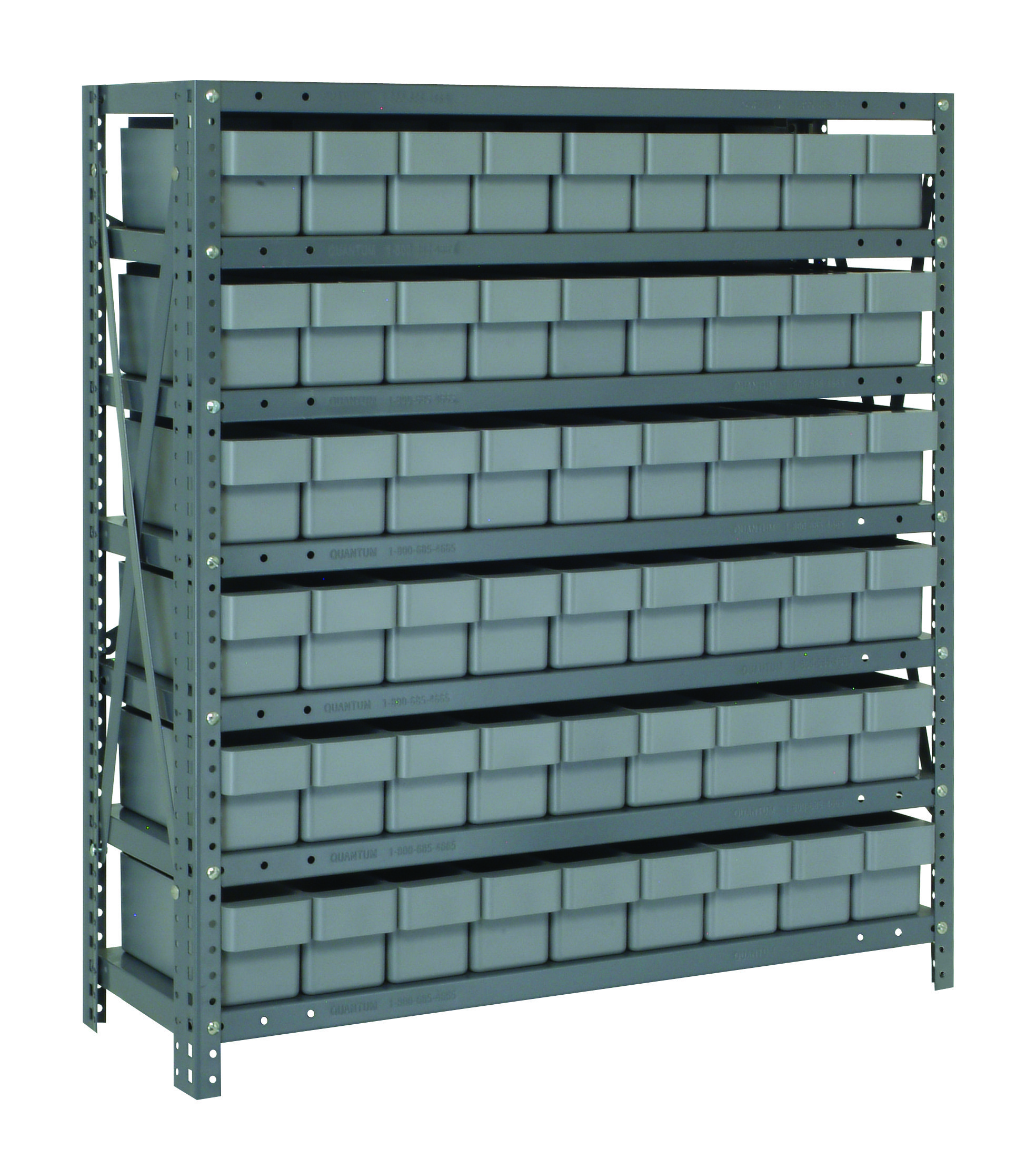 Shelving Unit, 18"D X 36"L X 39"H, Heavy Duty, 400 Lb. Load Capacity Per Shelf, Includes: (7) Shelves, (54) 17-7/8"L X 3-3/4"W X 4-5/8"H (QED604) Gray Black Bins, Uprights And Cross Bars, Galvanized Steel Finish