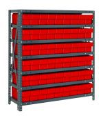 The Quantum Shelving Unit, measuring 18D x 36L x 39H, includes seven galvanized steel shelves and holds up to 400 lbs per shelf. It features 54 red and black bins (17-7/8L x 3-3/4W x 4-5/8H) for optimal organization with evenly spaced rows.