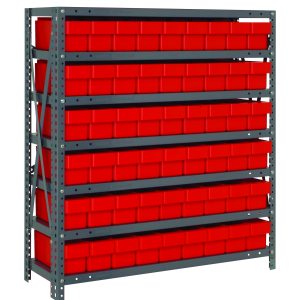 The Quantum Shelving Unit, measuring 18D x 36L x 39H, includes seven galvanized steel shelves and holds up to 400 lbs per shelf. It features 54 red and black bins (17-7/8L x 3-3/4W x 4-5/8H) for optimal organization with evenly spaced rows.