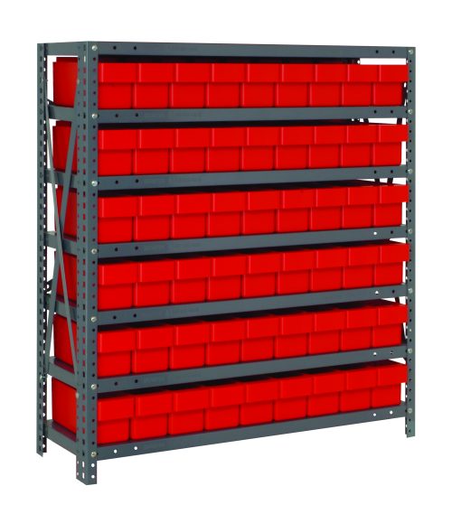 The Quantum Shelving Unit, measuring 18D x 36L x 39H, includes seven galvanized steel shelves and holds up to 400 lbs per shelf. It features 54 red and black bins (17-7/8L x 3-3/4W x 4-5/8H) for optimal organization with evenly spaced rows.