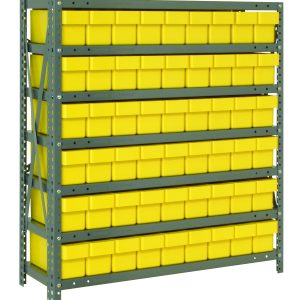 The Quantum Shelving Unit, measuring 18D x 36L x 39H, has a load capacity of 400 lbs. per shelf and includes seven shelves with 54 yellow and black bins (17-7/8L x 3-3/4W x 4-5/8H) (QED604). It is made of galvanized steel with uprights and cross bars for extra strength.