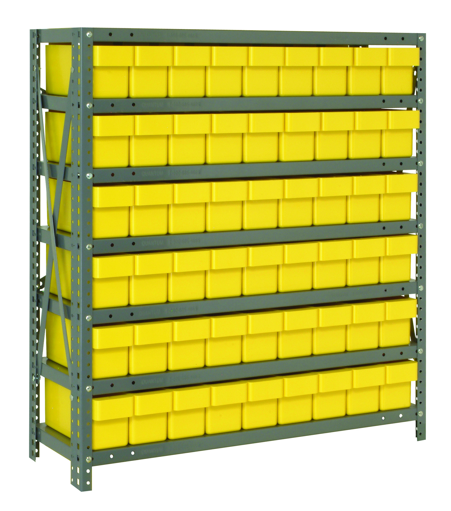 Shelving Unit, 18"D X 36"L X 39"H, Heavy Duty, 400 Lb. Load Capacity Per Shelf, Includes: (7) Shelves, (54) 17-7/8"L X 3-3/4"W X 4-5/8"H (QED604) Yellow Black Bins, Uprights And Cross Bars, Galvanized Steel Finish