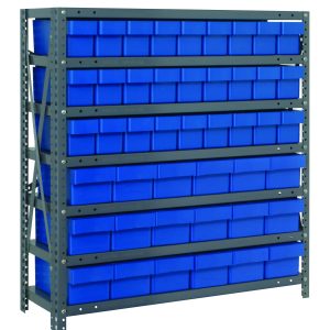 The Quantum Shelving Unit is 18D x 36L x 39H with seven shelves, each holding a mix of 27 QED604 and 18 QED602 blue-black bins. Its sturdy gray metallic frame offers a heavy-duty load capacity of 400 lbs per shelf, featuring galvanized steel uprights and cross bars.