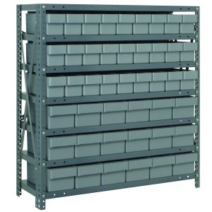 The Quantum Shelving Unit features a galvanized steel frame with seven shelves and gray black bins. It includes (27) 17-7/8L x 3-3/4W x 4-5/8H bins and (18) 17-7/8L x 5-9/16W x 4-5/8H bins, each shelf with a load capacity of 400 lbs. Perfect for organizing garage tools or workshop equipment.