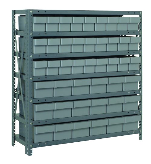 The Quantum Shelving Unit features a galvanized steel frame with seven shelves and gray black bins. It includes (27) 17-7/8L x 3-3/4W x 4-5/8H bins and (18) 17-7/8L x 5-9/16W x 4-5/8H bins, each shelf with a load capacity of 400 lbs. Perfect for organizing garage tools or workshop equipment.