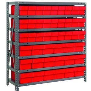 The Quantum Shelving Unit, measuring 18D x 36L x 39H, offers a durable galvanized steel finish and supports 400 lbs per shelf. It includes seven sturdy shelves equipped with 45 red storage bins for organizing tools or small parts efficiently, featuring uprights and cross bars for stability.