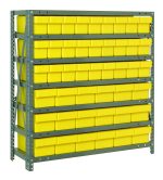 A heavy-duty Quantum Shelving Unit, 18D x 36L x 39H, with a 400 lb. load capacity per shelf, includes seven shelves, featuring (27) QED604 bins (17-7/8L x 3-3/4W x 4-5/8H) and (18) QED602 bins (17-7/8L x 5-9/16W x 4-5/8H), in yellow and black.
