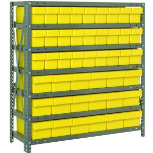 A heavy-duty Quantum Shelving Unit, 18D x 36L x 39H, with a 400 lb. load capacity per shelf, includes seven shelves, featuring (27) QED604 bins (17-7/8L x 3-3/4W x 4-5/8H) and (18) QED602 bins (17-7/8L x 5-9/16W x 4-5/8H), in yellow and black.